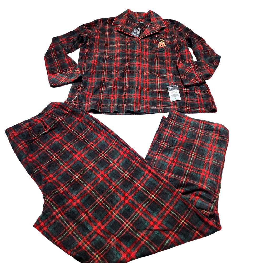Lauren Ralph Lauren Womens Plaid Fleece 2PC Pajama Set Black Red Green L NWT